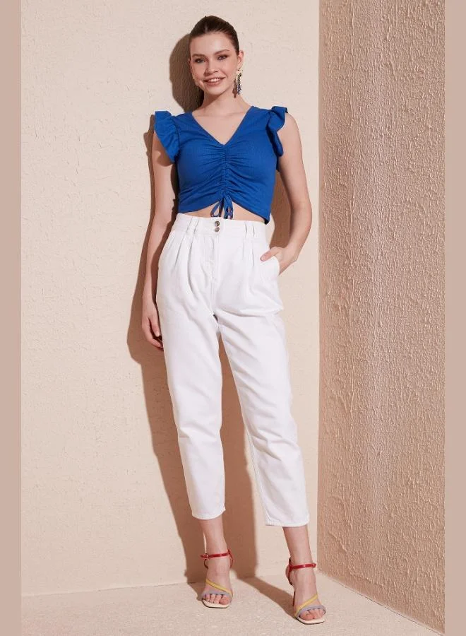 ليلا بلوزة نسائية قصيرة بياقة مجمعة وأكمام مكشكشة بقصة ضيقة