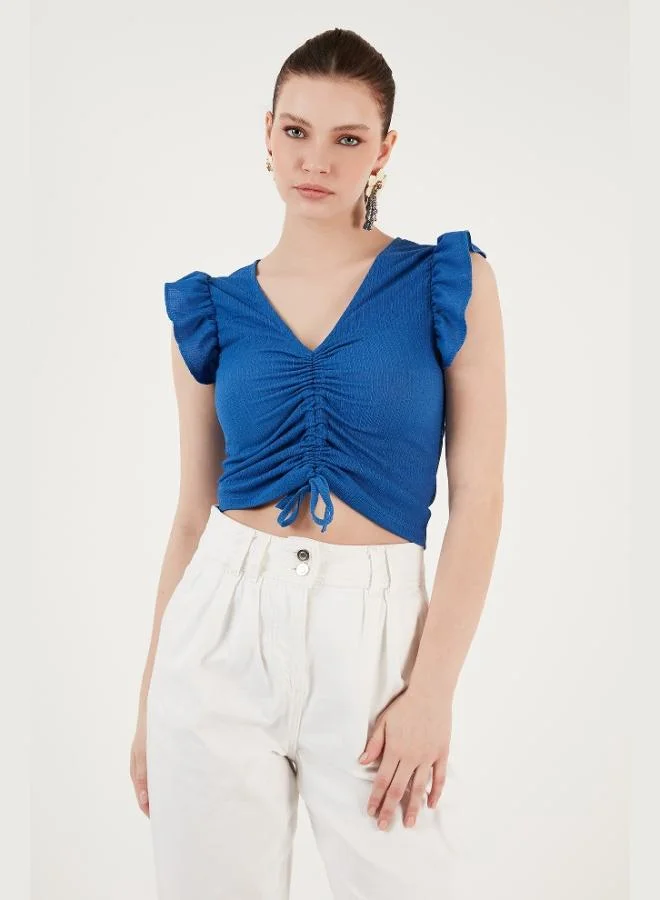 ليلا بلوزة نسائية قصيرة بياقة مجمعة وأكمام مكشكشة بقصة ضيقة