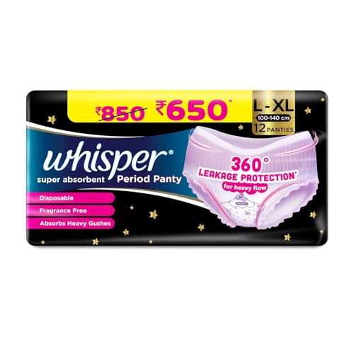 Whisper Super Absorbent Period Panty, 12 L-XL Pants, 360 Degree Leakage Protection* for Heavy Flow, Panty like Fit, Full back Coverage, Absorbs Heavy Gushes, Silky Soft, Comfortable Feel - Image 1