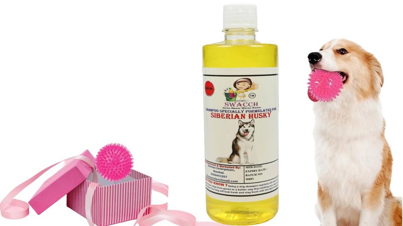 swacch Shampoo | Puppy Safe Shampoo | PH Balanced | Ditch to Itch for Siberian Husky Dog Shampoo 500ml (Lemon) + Spike Ball Chew Toy Combo Pack - Image 1