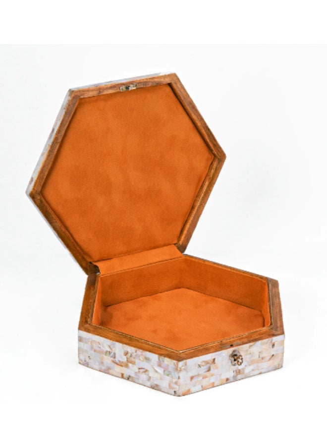 Handmade Large Square Wooden Jewelry & Keepsake Box Inlaid with Natural Mosaic Shell & Mother of Pearl, Brown & White - Size 27x27x8 cm - Image 2