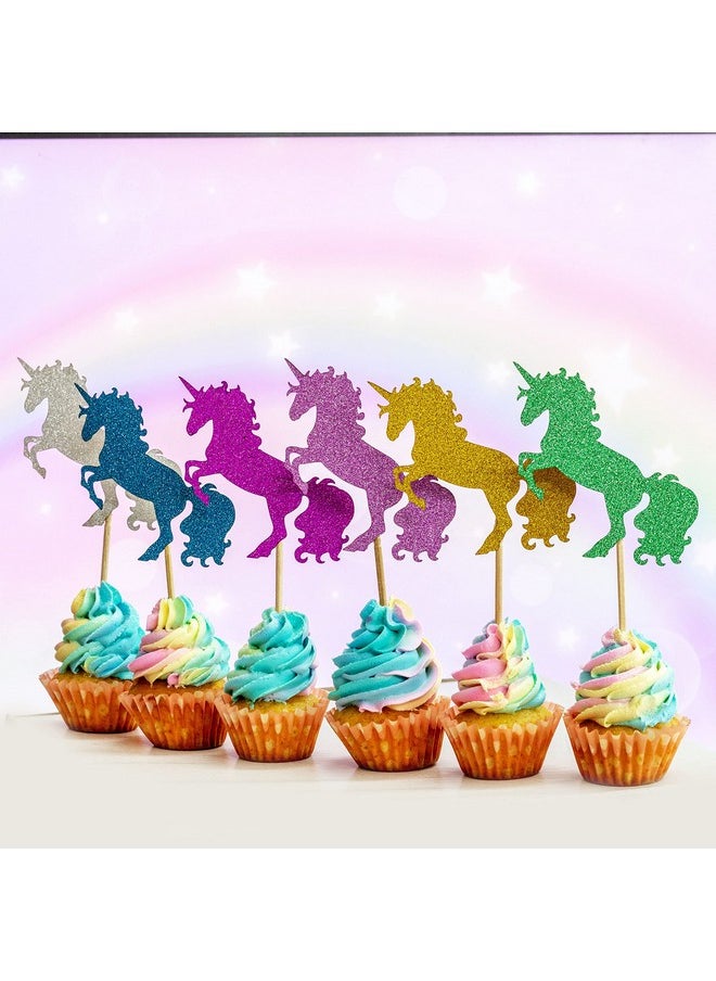 Confetti Confetti! Unicorn Cupcake Toppers (Pack 24) - Unicorn Party Glitter Colorful Cupcake Toppers Supplies - Baby Shower Girls Party Dessert Food Picks Decorations  - Image 1