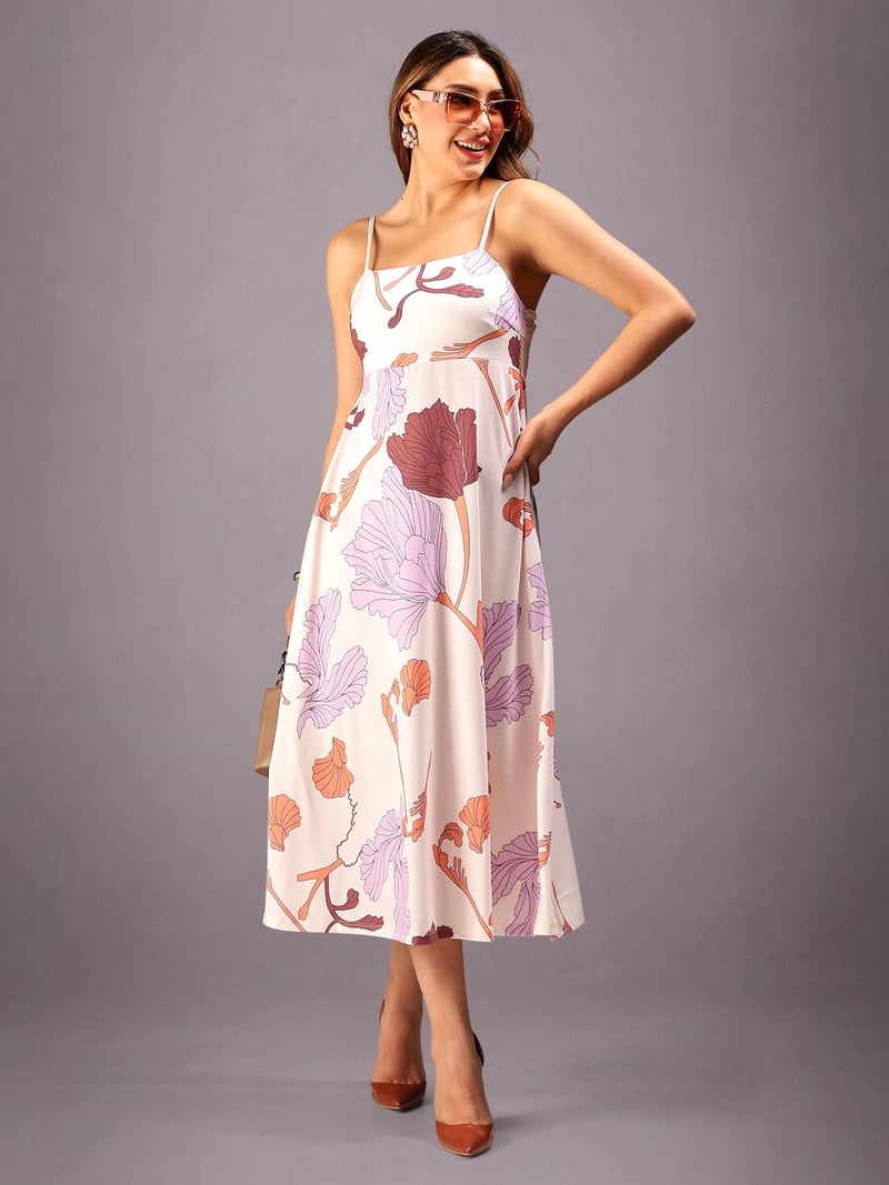 HELLCAT Womens Floral Printed Pink Shoulder Straps Dress | Western A-Line Midi Dress for Womens_Pink_XX-Small - Image 5