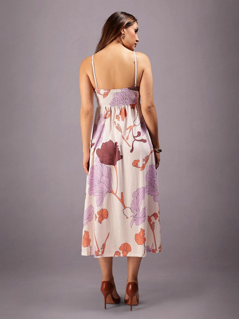 HELLCAT Womens Floral Printed Pink Shoulder Straps Dress | Western A-Line Midi Dress for Womens_Pink_XX-Small - Image 3