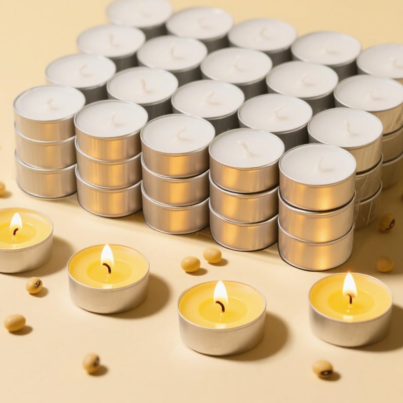 Soy Tea Lights Candles 100 Pack 4 Hours Tealights Candles Bulk Unscented Small Tea Candles 100 Natural Soy Long Burning Smokeless for Emergency Dinner Home