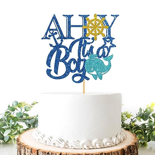 Helewilk Ahoy Its a Boy Cake Topper Nautical theme Birthday Party Decoration Ahoy Baby Shower Gender Reveal Party Cake Picks Welcome Baby Boy Party Supplies Photo Booth Props Blue Glitter - Image 1