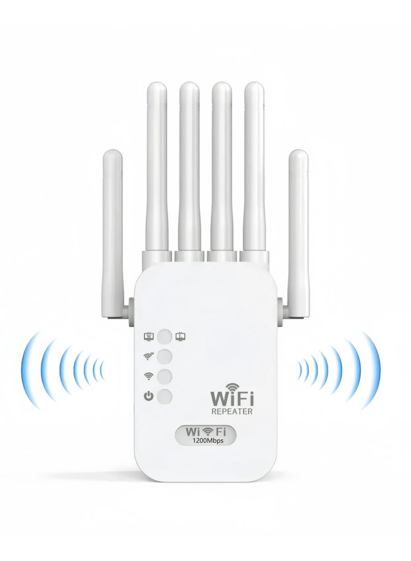 بيوينتي موسع واي فاي، مكرر إشارة واي فاي مع 6 هوائيات، 1200 ميجابت في الثانية، موسع واي فاي ثنائي النطاق 5G/2.4G، موسع نطاق لاسلكي ومضخم شبكة، تغطية واسعة مع 6 هوائيات، إعداد بلمسة واحدة، التوصيل والتشغيل - Image 1