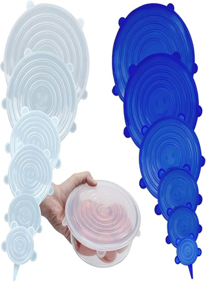 LAKEDO Silicone Stretch Lids Food Covers (12 Pack) – Reusable Miracle Stretchy Eco Lids Covers for Bowls & Cups, Microwave Can & Tin Cover Lids – Round Shaped, White & Blue Color, 6 Sizes, 6+6