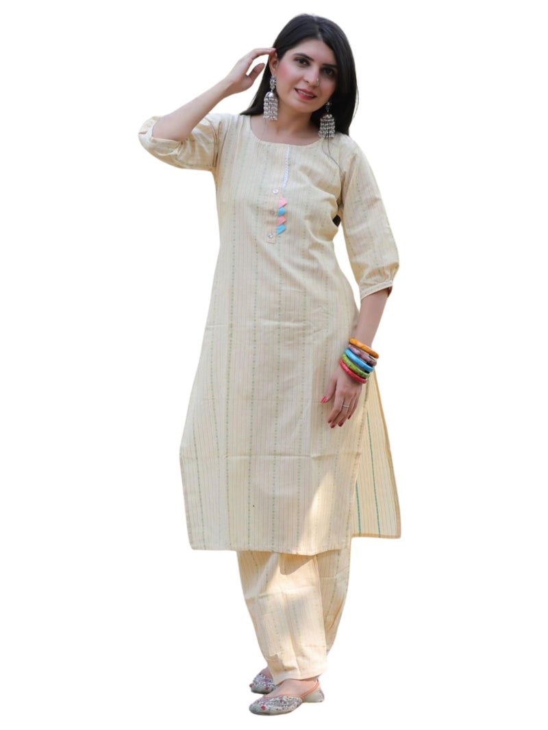 EthnicJunction Women's Cotton Woven Striped Summer Office Wear Straight Kurta With Pant set | Kurta Set for Women | Kurta | Ethnic Set | 3/4 Sleeve | Co-ord Set for Women Stylish - Image 1