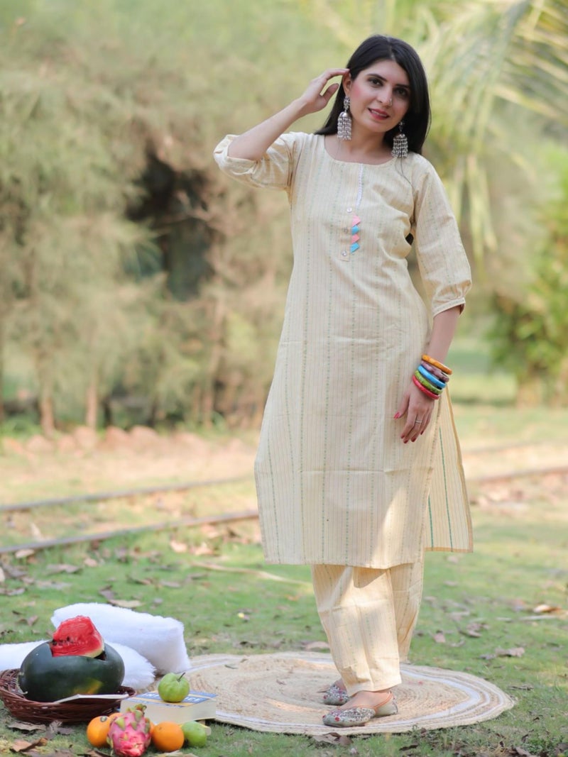 EthnicJunction Women's Cotton Woven Striped Summer Office Wear Straight Kurta With Pant set | Kurta Set for Women | Kurta | Ethnic Set | 3/4 Sleeve | Co-ord Set for Women Stylish - Image 4