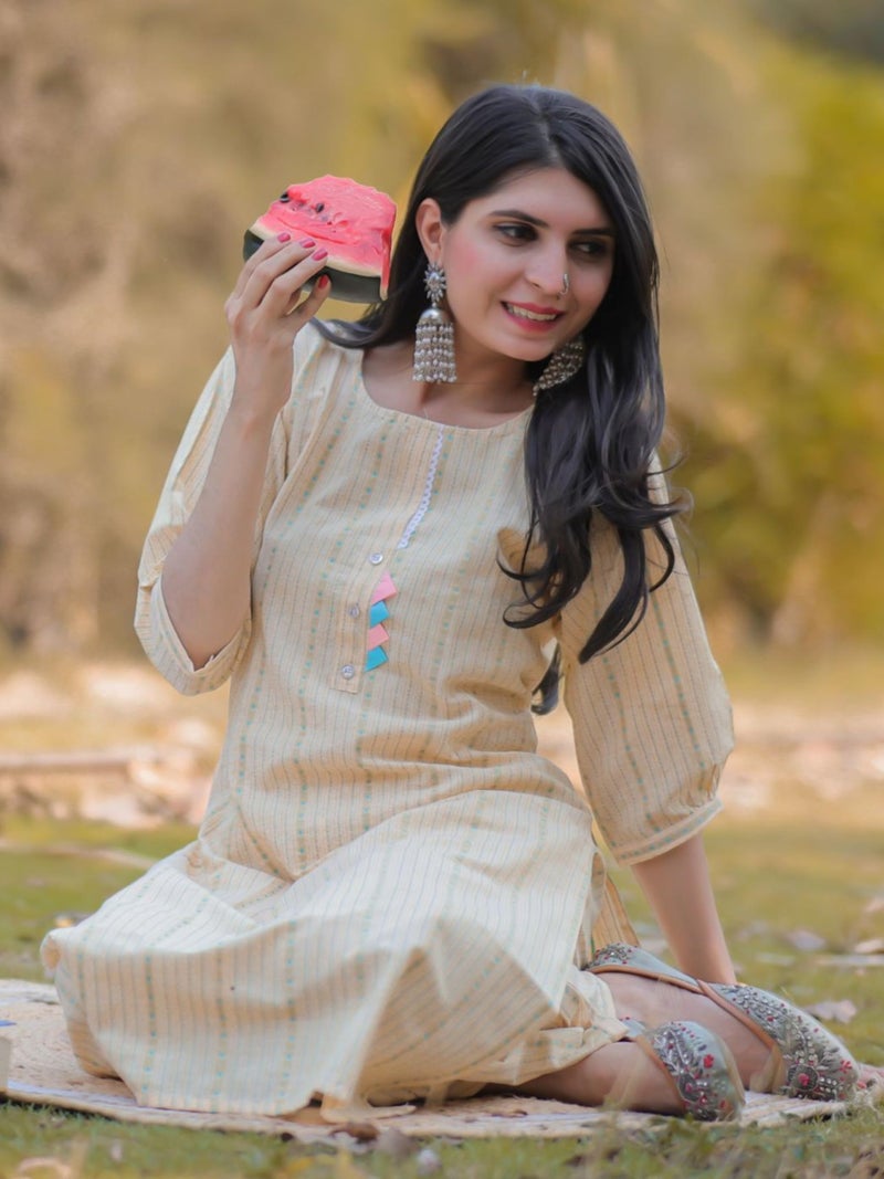 EthnicJunction Women's Cotton Woven Striped Summer Office Wear Straight Kurta With Pant set | Kurta Set for Women | Kurta | Ethnic Set | 3/4 Sleeve | Co-ord Set for Women Stylish - Image 3