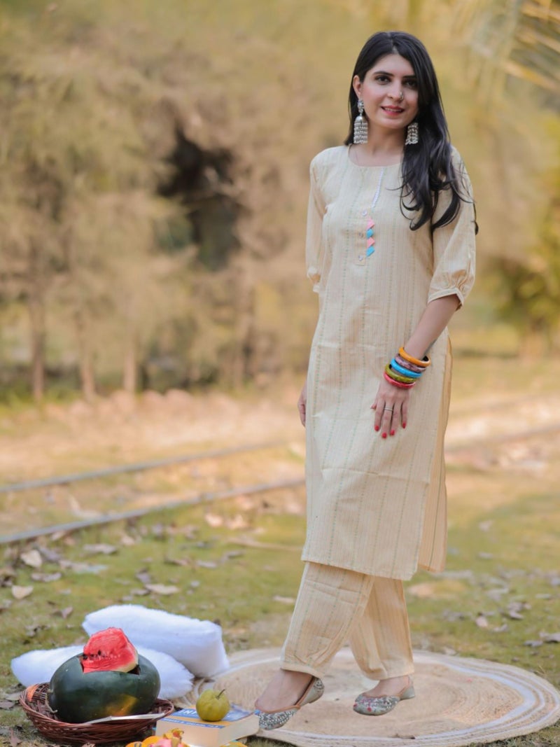 EthnicJunction Women's Cotton Woven Striped Summer Office Wear Straight Kurta With Pant set | Kurta Set for Women | Kurta | Ethnic Set | 3/4 Sleeve | Co-ord Set for Women Stylish - Image 5