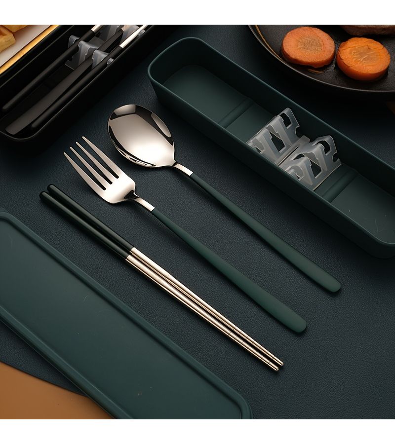 3 Pieces Portable Stainless Steel Spoon Fork And Chopsticks Set With Carry Case Silvery Green Suitable For Travel School Work Camping And Picnics Reusable And Dishwasher Safe - Image 1