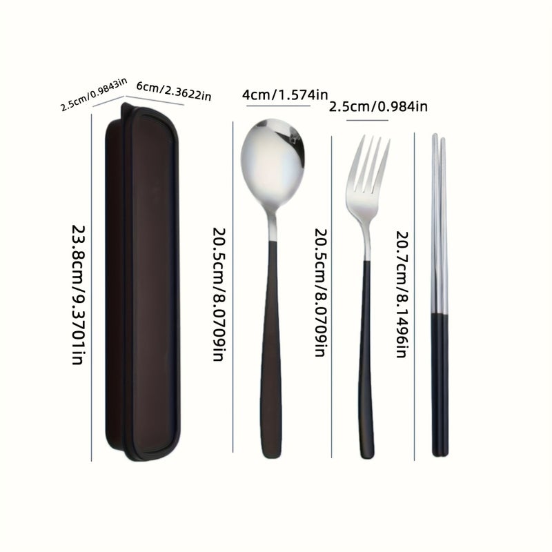 3 Pieces Portable Stainless Steel Spoon Fork And Chopsticks Set With Carry Case Silvery Green Suitable For Travel School Work Camping And Picnics Reusable And Dishwasher Safe - Image 3