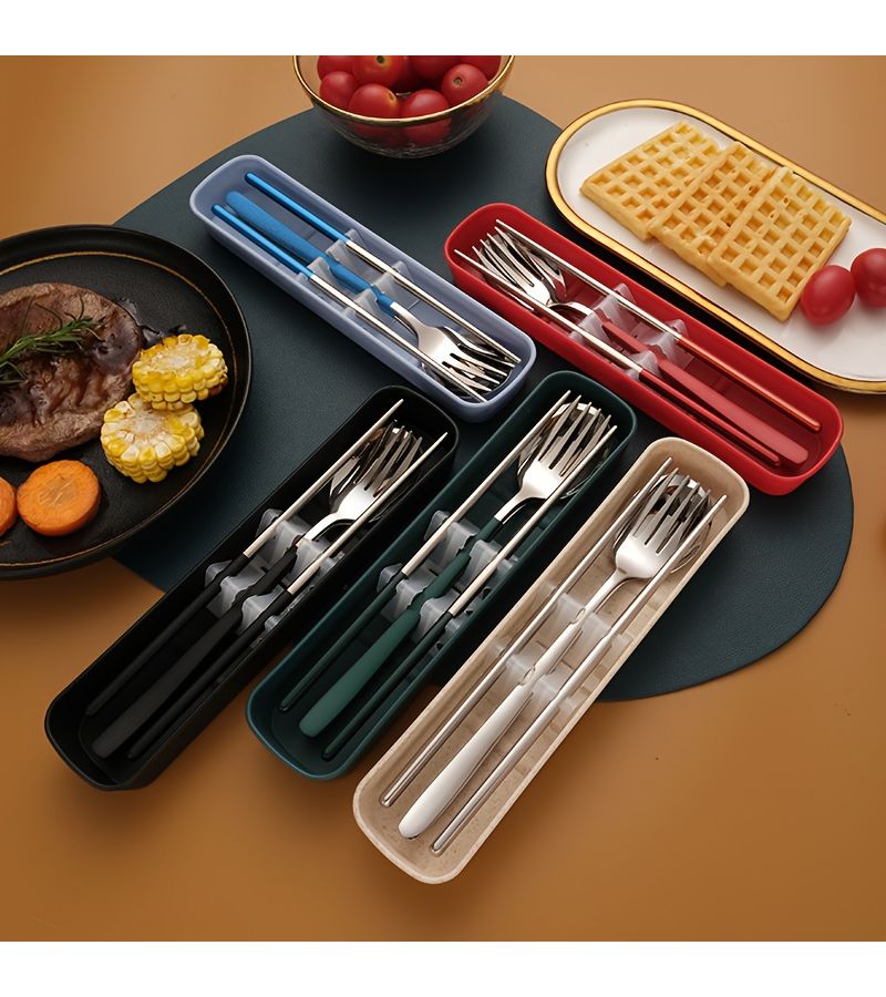 3 Pieces Portable Stainless Steel Spoon Fork And Chopsticks Set With Carry Case Silvery Green Suitable For Travel School Work Camping And Picnics Reusable And Dishwasher Safe - Image 2