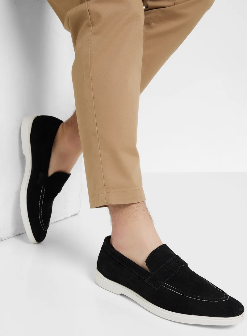 Robert Wood Genuine Suede Leather Saddle Detail Casual Slip On Loafers