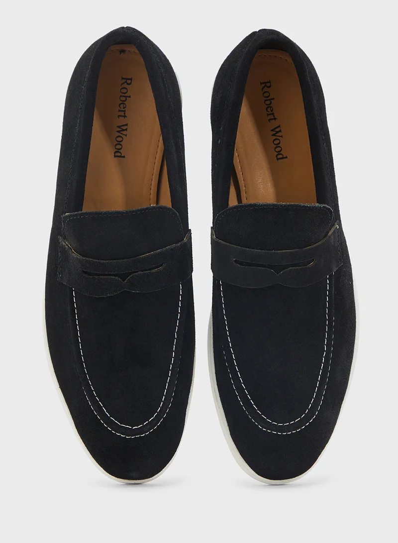 Robert Wood Genuine Suede Leather Saddle Detail Casual Slip On Loafers