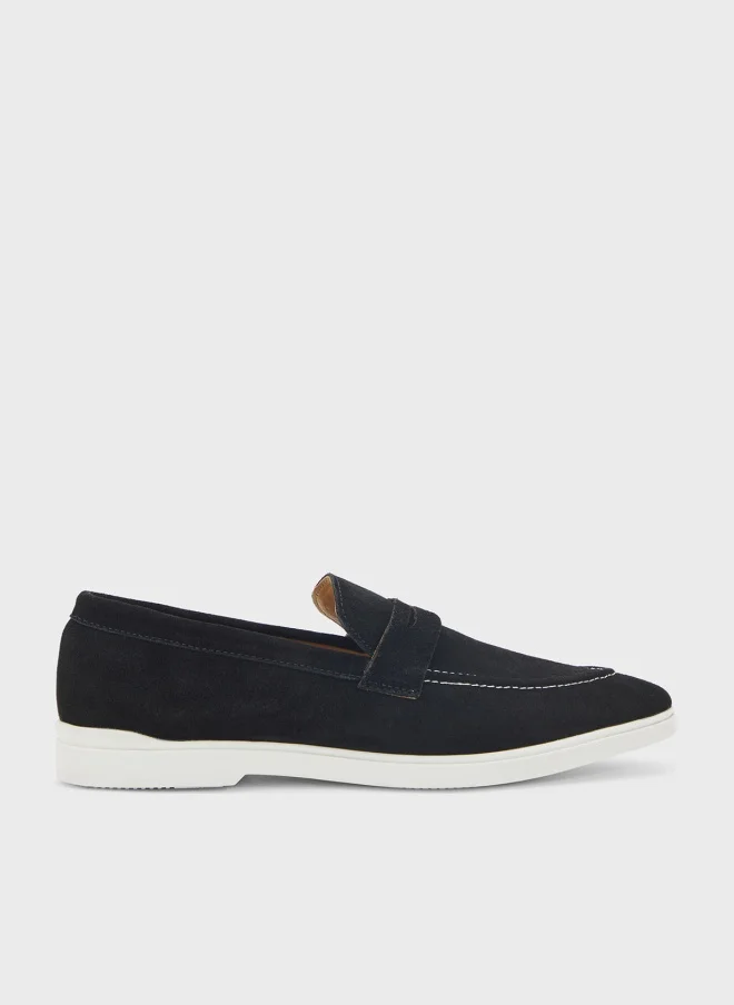 Genuine Suede Leather Saddle Detail Casual Slip On Loafers