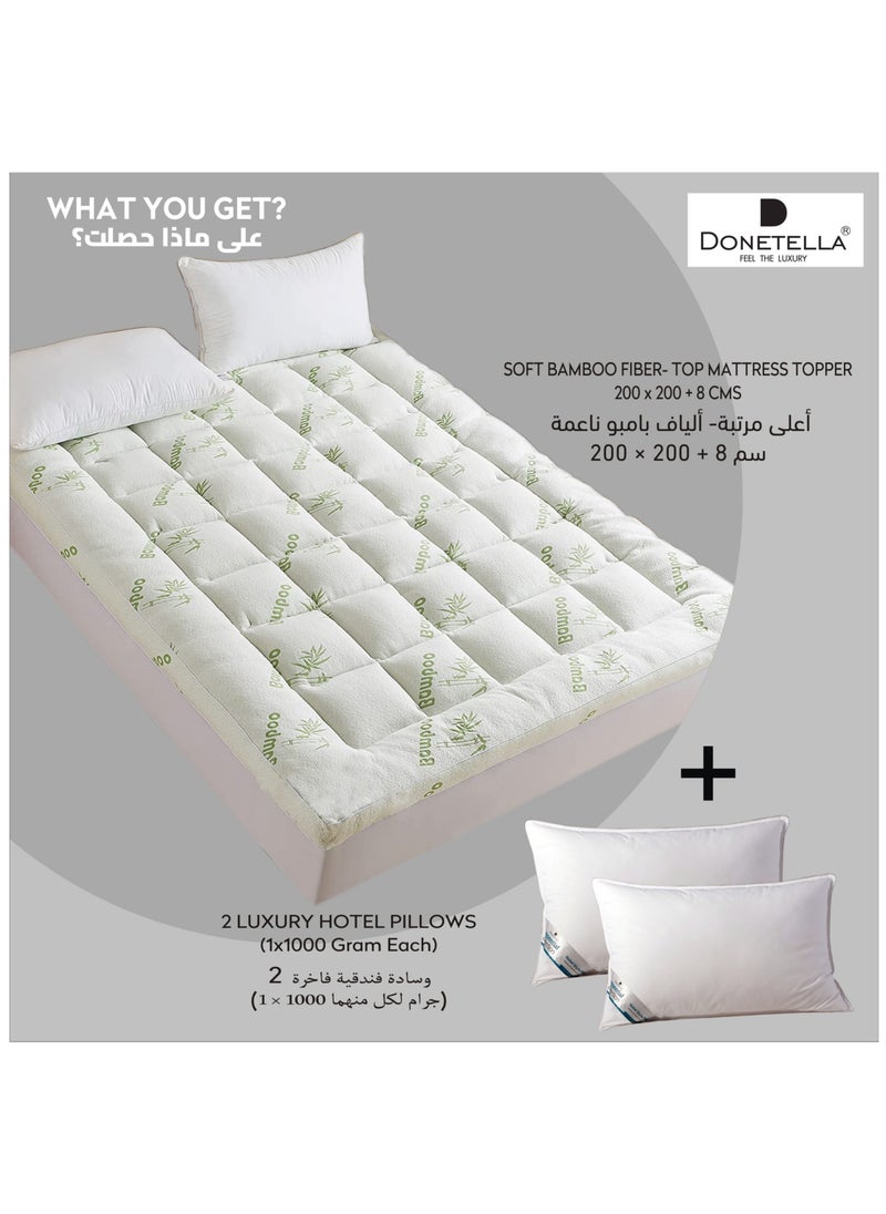 Donetella Combo Pack of 200x200+8 CMS Hotel Mattress Felt (1000GSM) + 2 Pillows (1000gram each), King Size, Bamboo Fabric Topper, Soft & Comfortable Pillow, White  - Image 1