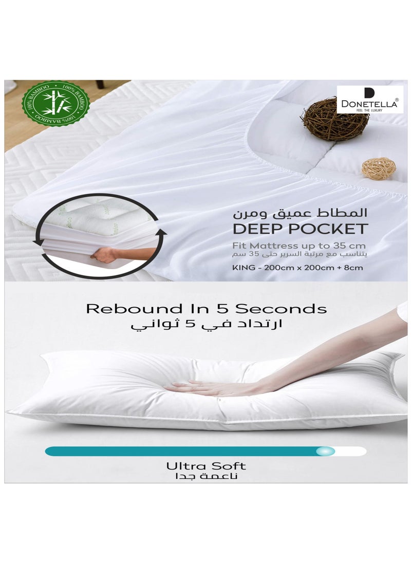 Donetella Combo Pack of 200x200+8 CMS Hotel Mattress Felt (1000GSM) + 2 Pillows (1000gram each), King Size, Bamboo Fabric Topper, Soft & Comfortable Pillow, White  - Image 2
