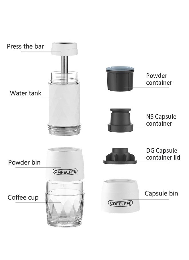 Cafelffe - 3-in-1 Portable Espresso Coffee Machine Manual Milk Frother For Nespresso Capsule and Coffee Powder 120ML White - Image 1