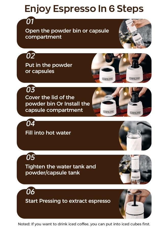 Cafelffe - 3-in-1 Portable Espresso Coffee Machine Manual Milk Frother For Nespresso Capsule and Coffee Powder 120ML White - Image 1
