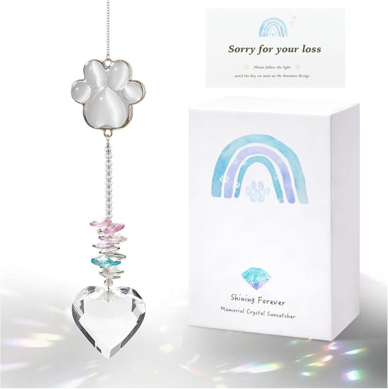 AMETHUARTZ Pet Memorial Gifts for Dogs, Loss of Cat Sympathy, Remembrance Bereavement Crystal Suncatcher with Natural Cat's Eye Stone Paw, Rainbow Bridge Memorial Gift for Passing Away Loving Pets - Image 1