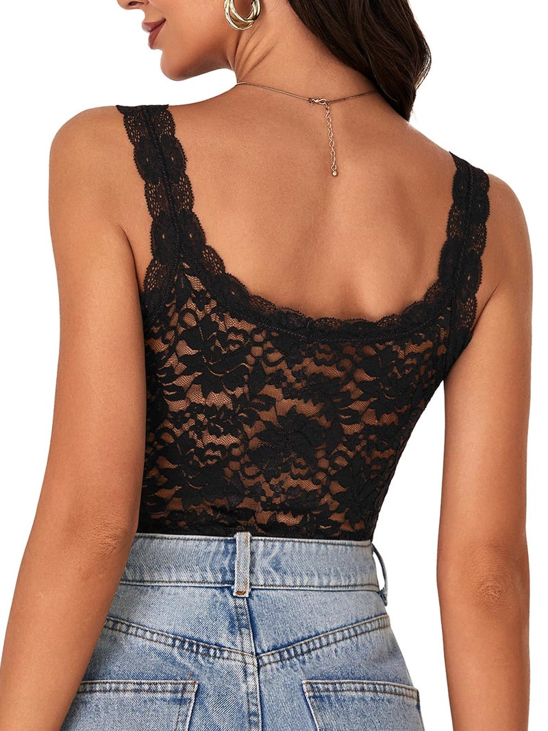 LYANER Women's Sexy Floral Lace Tops Scallop Strap Sleeveless See Through Sheer Tank Top Cami Shirt Solid Black Small - Image 2