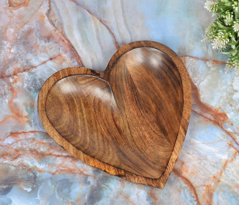 EDHAS Mango Wood Heart Curved Shaped Decorative Bowl for Table Centerpieces Home Party Wedding Décor (10" x 10" x 1.5") - Image 3