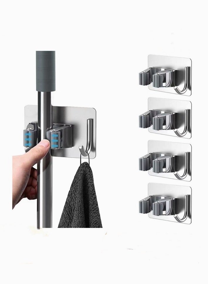YUNSYE Stainless Steel Mop Broom Holder ,Mop Broom Organizer Wall Mounted Heavy Duty with Hooks Hanger, Storage Rack Self Adhesive 4Pcs for for Home, Kitchen, Laundry Room, Garage, Garden, Bathroom  - Image 1