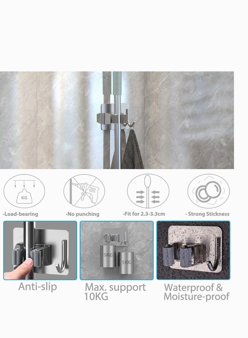 YUNSYE Stainless Steel Mop Broom Holder ,Mop Broom Organizer Wall Mounted Heavy Duty with Hooks Hanger, Storage Rack Self Adhesive 4Pcs for for Home, Kitchen, Laundry Room, Garage, Garden, Bathroom  - Image 2