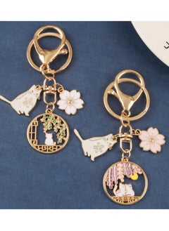 Generic 2 pc, Cat and Cherry Blossom Keychains, Gold Tone Metal, Enamel Cat and Flower Charms, Intricate Enameling and Metalwork, Traditional Japanese Style, Ideal for Keys and Bags  - Image 1
