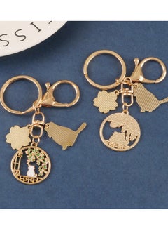 Generic 2 pc, Cat and Cherry Blossom Keychains, Gold Tone Metal, Enamel Cat and Flower Charms, Intricate Enameling and Metalwork, Traditional Japanese Style, Ideal for Keys and Bags  - Image 2