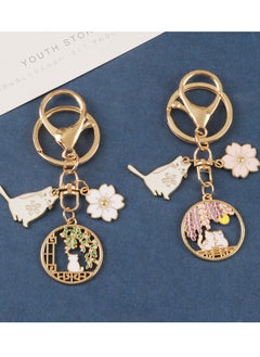 Generic 2 pc, Cat and Cherry Blossom Keychains, Gold Tone Metal, Enamel Cat and Flower Charms, Intricate Enameling and Metalwork, Traditional Japanese Style, Ideal for Keys and Bags  - Image 3