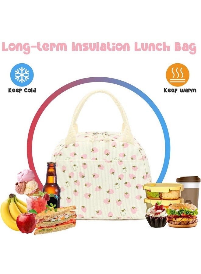 Bluboon Lunch Bag for Women Men Cute Corduroy Lunch Tote Bags Reusable Insulated Lunch Box Large Capacity Reusable Insulated Cooler for Work Picnic or Travel (Beige strawberry) - Image 3