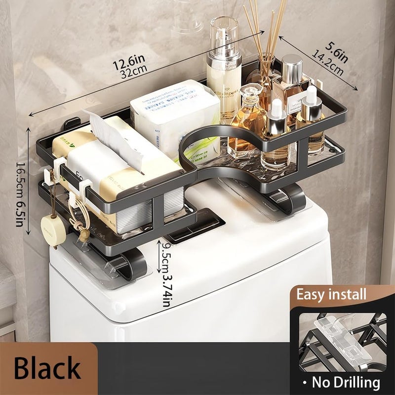 SRTFINE Over Toilet Storage Shelf No-Drill Floating Shelf with 3 Hooks, Easy Install Space-Saving Bathroom Organizer, Fits Most Toilets (No Block Flush Button), for Towels, Toilet Paper, Decor (Black) - Image 2