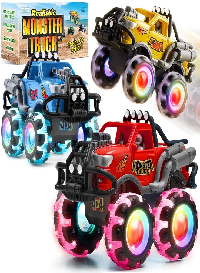 ArtCreativity Monster Truck Toys 3 Pack with Motion Activated Light up Wheels Friction Powered Push and Go Vehicles for Boys Age 3-8 Realistic 4x4 Monster Trucks for Easter Basket Birthday Gifts - Image 1