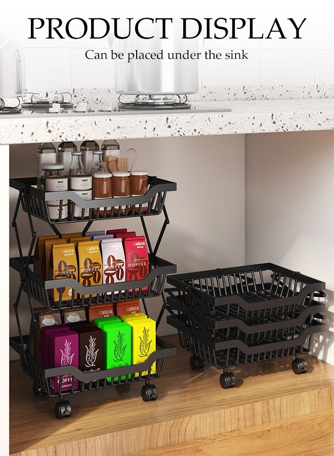 DUNISO 3-Tier Large Capacity Metal Wire Fruit And Vegetable Storage Basket with Wheels,Foldable Shelves Organizer For Kitchen ，Basement and Pantry，No Assembly Required Storage Rack(Black) - Image 4