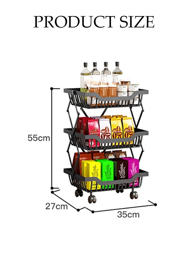 DUNISO 3-Tier Large Capacity Metal Wire Fruit And Vegetable Storage Basket with Wheels,Foldable Shelves Organizer For Kitchen ，Basement and Pantry，No Assembly Required Storage Rack(Black) - Image 2