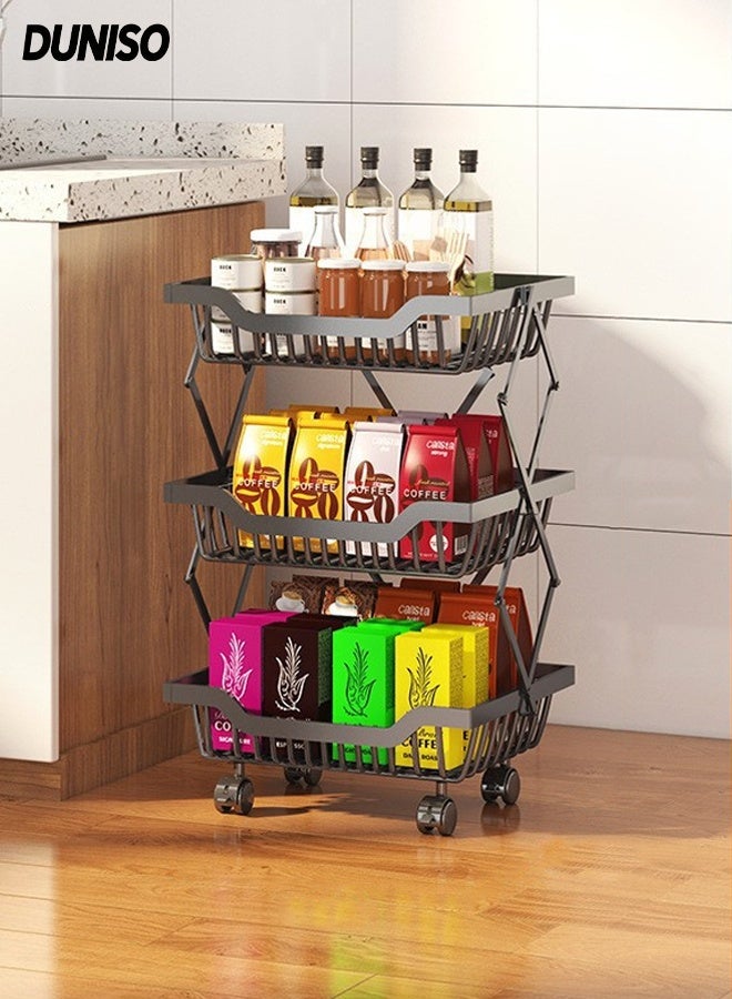 DUNISO 3-Tier Large Capacity Metal Wire Fruit And Vegetable Storage Basket with Wheels,Foldable Shelves Organizer For Kitchen ，Basement and Pantry，No Assembly Required Storage Rack(Black) - Image 1