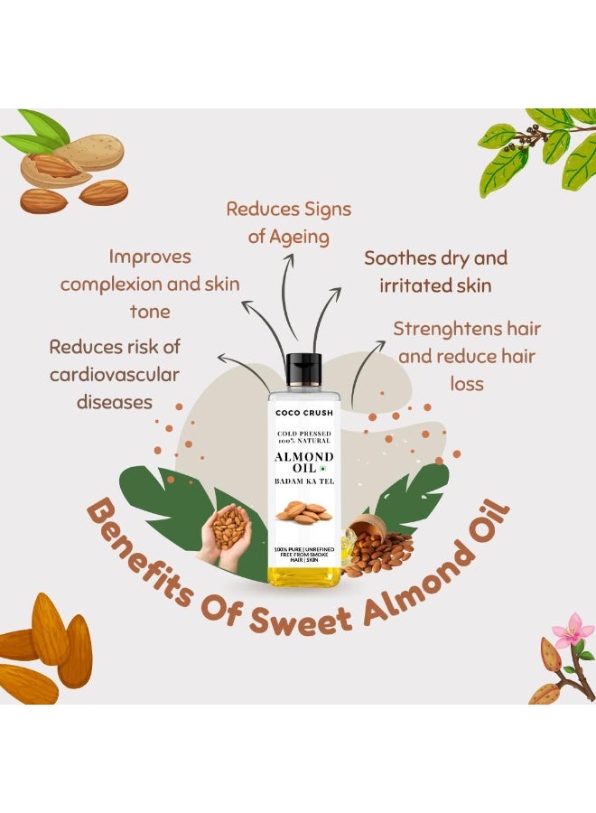 COCO CRUSH Combo of Virgin Coconut Oil and Sweet Almond Oil | Cold-Pressed & Natural | For Body & Face Massage | Deeply Nourishes & Enhances Skin Elasticity | Stimulates Hair Growth & Prevents Hair Breakage | 100% Pure & Natural (200 ML (100,100)) - Image 2