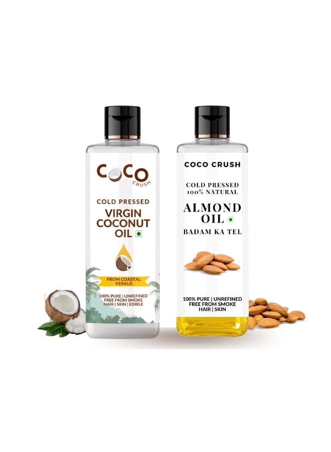 COCO CRUSH Combo of Virgin Coconut Oil and Sweet Almond Oil | Cold-Pressed & Natural | For Body & Face Massage | Deeply Nourishes & Enhances Skin Elasticity | Stimulates Hair Growth & Prevents Hair Breakage | 100% Pure & Natural (200 ML (100,100)) - Image 1