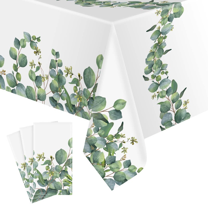 Remagr 3 Pcs Sage Green Tablecloth Plastic Eucalyptus Leaf Table Cover Rectangle Disposable Table Cloth for Bridal Baby Shower Birthday Sage Green Party Decor