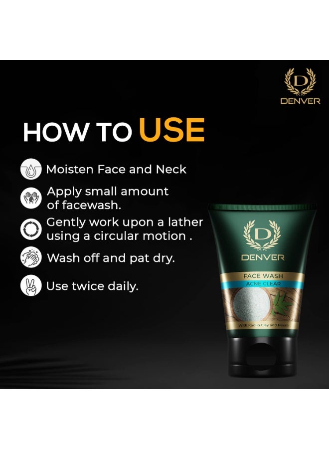 DENVER Acne Clear Face Wash - 100GM | Remove Acne & Lighten Dark Spots Face Gel for Men | Suitable for Oily Skin | All Skin Type - Image 2