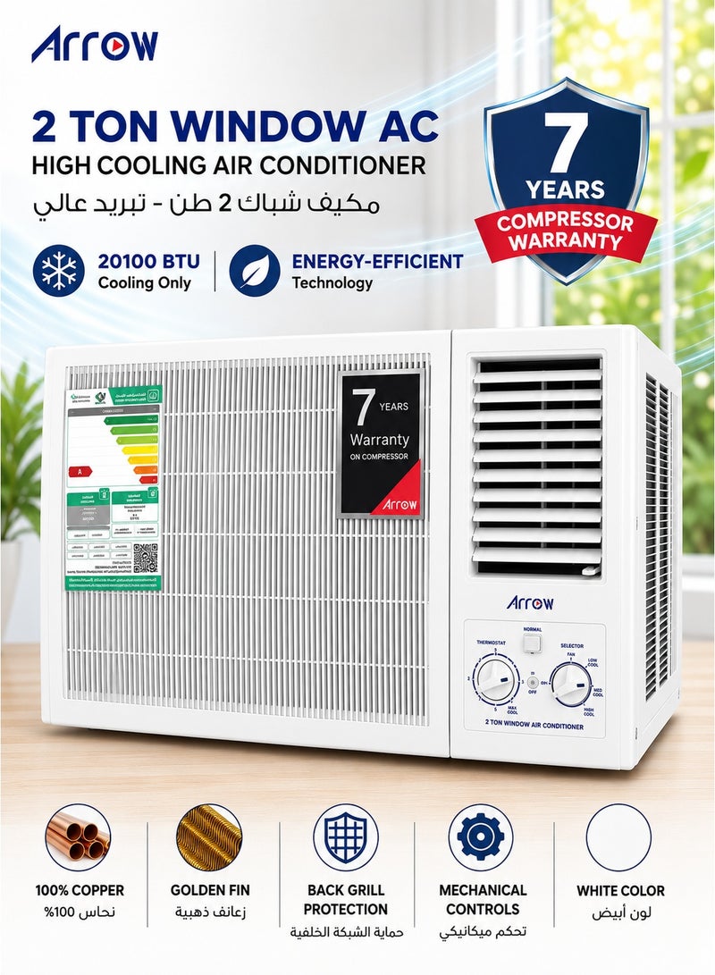 Arrow 2 Ton Window AC high cooling Air Conditioner, with 7 years compressor warranty and energy-efficient technology, Mechanical Controls, 100% Copper, Golden Fin , Back Grill Protection, White Color | 20100 BTU Cooling only Model Name: RO-24WCHC. - Image 1