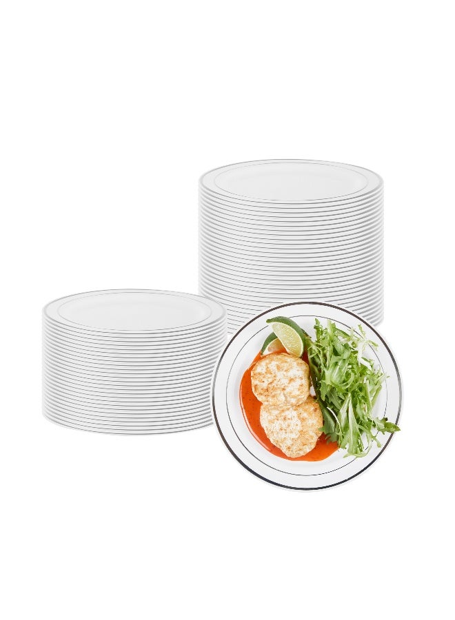 Restaurantware 7.5 x 7.5 Inch Disposable White Plates, 100 With Silver Trim Plastic Dinner Plates - Round, Unique Design, White Plastic Disposable Party Plates, For Weddings Or Events  - Image 2