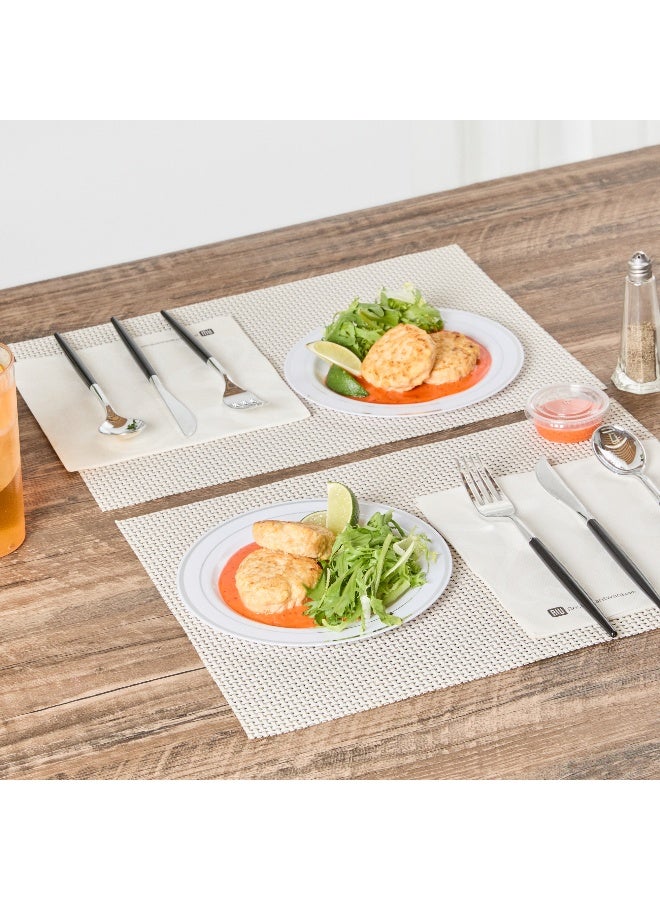 Restaurantware 7.5 x 7.5 Inch Disposable White Plates, 100 With Silver Trim Plastic Dinner Plates - Round, Unique Design, White Plastic Disposable Party Plates, For Weddings Or Events  - Image 4