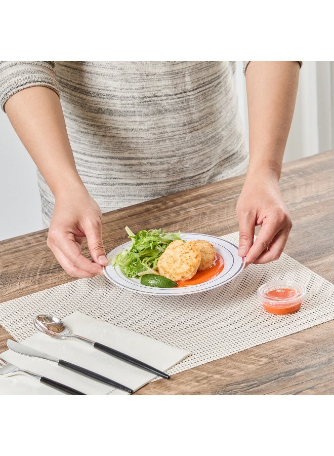 Restaurantware 7.5 x 7.5 Inch Disposable White Plates, 100 With Silver Trim Plastic Dinner Plates - Round, Unique Design, White Plastic Disposable Party Plates, For Weddings Or Events  - Image 5