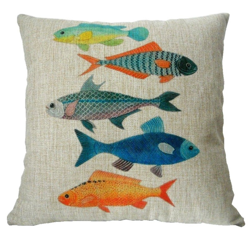 decorbox Cotton Linen Square Decorative Fashion Throw Pillow Case Cushion Cover Colorful Fish (16 X16, Beige) - Image 1