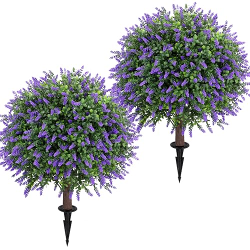Jasmpig Artificial Lavender Topiary Ball Tree 25" with Ground Spike, Set of 2 Artificial Boxwood Bushes for Faux Shrubs, Fake Evergreen Faux Plant for Indoor Outdoor Porch Garden -UV Resistant–Fade-Proof - Image 1